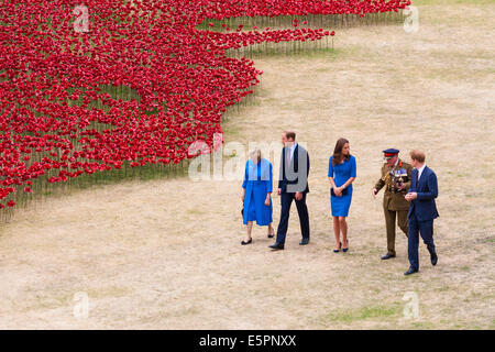 Londra, Regno Unito. 5 Ago, 2014. Il principe William e Kate il Duca e la Duchessa di Cambridge accompagnata dal principe Harry visitare la Torre di Londra papaveri installazione come parte degli eventi del centenario della guerra mondiale 1. Credito: Paolo Davey/Alamy Live News Foto Stock