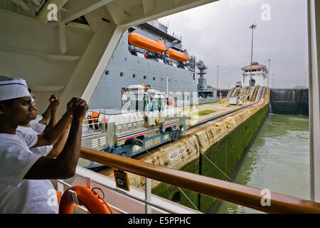 Mulo da vicino il traino di nave da crociera lungo Pedro Miguel lock canal, Panama Canal Foto Stock