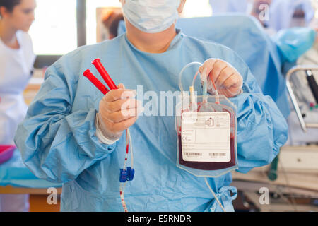 Il sangue del cordone ombelicale per le cellule staminali per la mietitura. La sacca di sangue placentare. Ostetricia e Ginecologia, ospedale di Limoges, Foto Stock