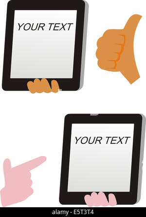 Pollice in alto e puntare il dito per tablet pc. Foto Stock