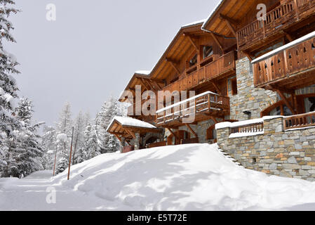 Un tradizionale ski resort hotel, chalet di stile, costruito in pietra e legno lungo un percorso attraverso gli alberi nella neve. Foto Stock