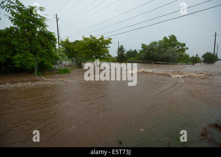 I temporali creare allagamenti in Oakville, Ontario girando le strade in fiumi la cordatura molti & causando milioni di danni Foto Stock