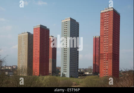 Rosso su strada Alto Appartamenti in Springburn Glasgow Scozia prese nel 2014. Foto Stock