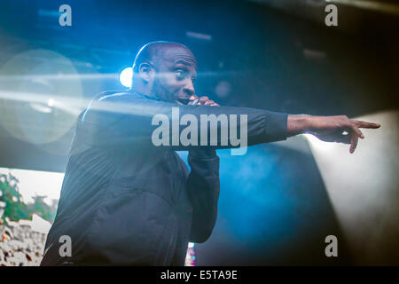 De La Soul esibirsi dal vivo sul palco principale a Kendal chiamando 2014 in Cumbria Foto Stock