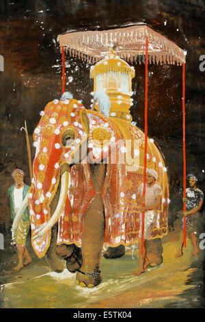 La pittura di un riccamente decorate Elephant al Esala Perahera Festival, Kandy, Sri Lanka Foto Stock