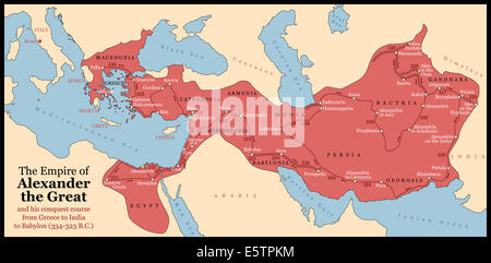 Impero di Alessandro il Grande una conquista il suo corso dalla Grecia in India a Babilonia nel 334-323 A.C. con città e province Foto Stock