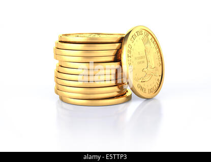 Oro dollaro stack di monete e una moneta sdraiato su di esso. Su un bianco semi superficie riflettente e sfondo bianco. Foto Stock