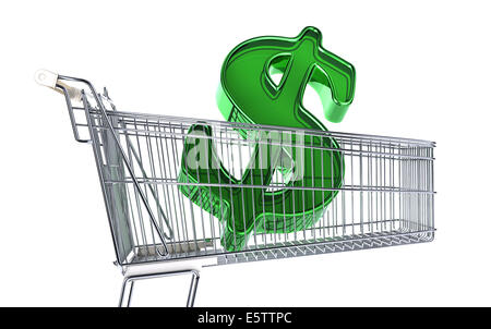 Carrello per supermercati con grande segno dollaro all'interno. Vista laterale su sfondo bianco. Foto Stock