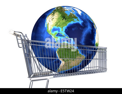 Il Pianeta Terra nel carrello del supermercato. Americhe vista. Su sfondo bianco. Percorso di clipping incluso. Foto Stock