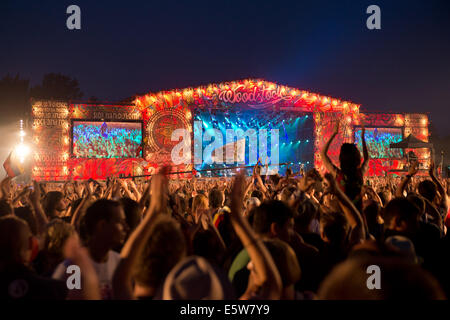 KOSTRZYN NAD ODRA, Polonia - 2 agosto 2014: ventilatori durante il concerto Coma al Festival Przystanek Woodstock. Foto Stock