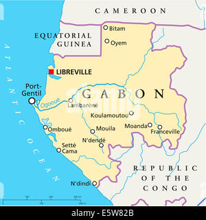 Il Gabon Mappa Politico con capitale Libreville, confini nazionali più importanti città, fiumi e lago con etichetta inglese. Foto Stock