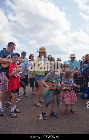 Sidmouth, Devon, Regno Unito. Il 6 agosto, 2014. Musica e Danza al annuale di Musica Folk di Sidmouth settimana. I giovani giocatori in un ukulele gruppo fornire un accompagnamento musicale a un parlare di Sidmouth la Jurassic Coast geologia Credito: Anthony Collins/Alamy Live News Foto Stock