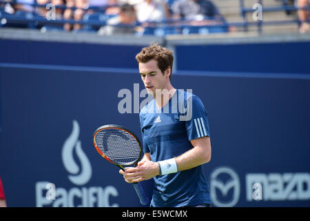 Toronto, Canada. Il 6 agosto, 2014. Andy Murray di Gran Bretagna reagisce a un colpo contro Nick Kyrgios dell Australia durante la Rogers Cup presso il centro Rexall il 6 agosto 2014 a Toronto, Ontario, Canada. Credito: Julian Avram/Alamy Live News Foto Stock