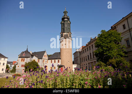 La torre del palazzo Stadtschloss o Schloss Weimar in Weimar, Turingia, Germania, Europa Foto Stock