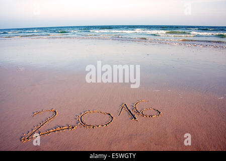 2016 scritto nella sabbia sulla spiaggia tropicale, in sunset Foto Stock