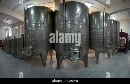 Interno della cantina, vasche in acciaio Foto Stock