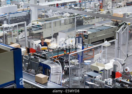 Lavoratori di sesso maschile e di sesso femminile, lavorando in imballaggi di carta la fabbrica Foto Stock