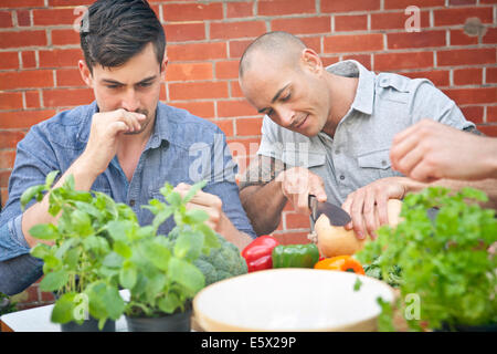 Amici di sesso maschile nella preparazione degli alimenti con le erbe per il barbecue nel giardino Foto Stock