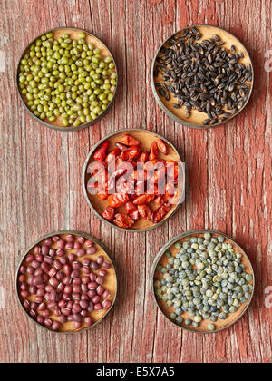 Cinque piatti contenenti alimenti secchi: fagioli neri, orzo, Pequin Chiles, Fagioli Adzuki, Francese lenticchie verdi Foto Stock