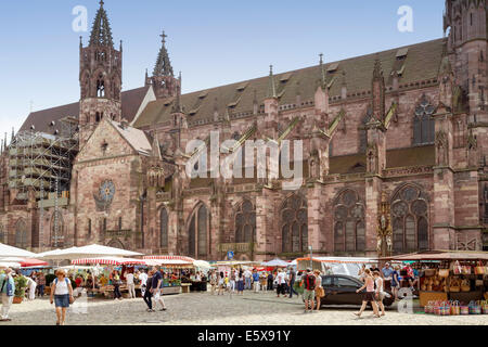 FREIBURG IM BREISGAU, Germania - 6 agosto 2014: mercato settimanale vicino al Minster in Freiburg, una città nella parte sud-occidentale della Germania nel Baden-Wurttemberg membro. Foto Stock