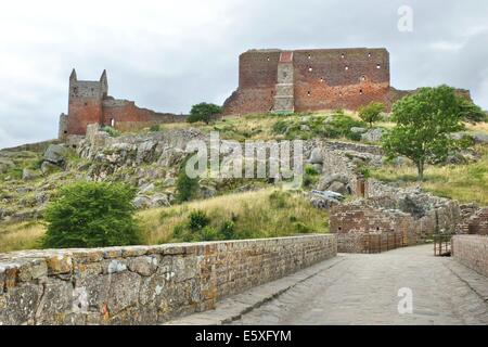 Danimarca, isola di Bornholm fotografie scattate tra il 1 e il 5 agosto 2014. Nella foto: il castello di Hammershus Nord Europa la più grande fortificazione medievale, situato a 74 metri sopra il livello del mare su Hammeren, la punta settentrionale dell'isola danese di Bornholm nel mar Baltico Foto Stock