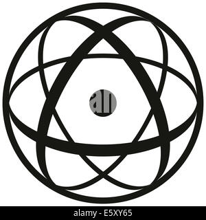Simbolo atomico costituito da un nucleo a tre ellissi e un guscio. Bianco e nero immagine su sfondo bianco. Foto Stock