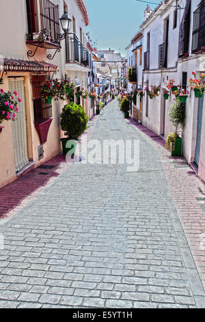Vista del tipico spagnolo stretta strada a Estepona Spagna Foto Stock