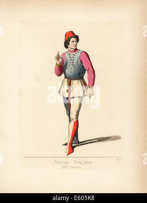 Giovane uomo italiano in costume militare, del XIV secolo. Foto Stock