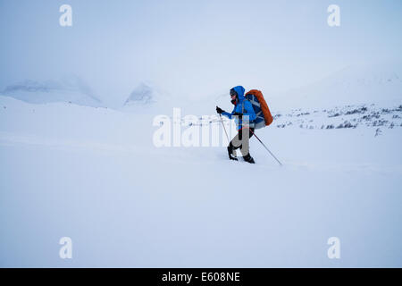 Femmina di sci nordico tourer nella neve profonda vicino Kebnekaise Fjällstation, Lapponia, Svezia Foto Stock