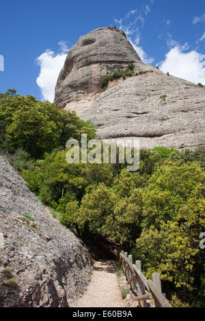 Il sentiero, fogliame e rocce della montagna di Montserrat in Catalogna, Spagna. Foto Stock