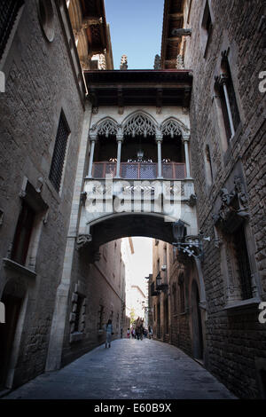 Carrer del Bisbe Street nel quartiere Gotico di Barcellona in Catalogna, Spagna. Foto Stock