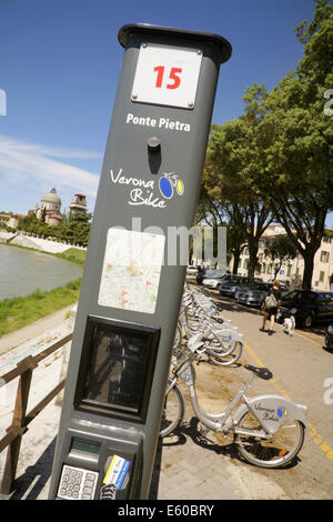 Le biciclette a noleggio, Ponte Pietra, Verona, Italia Foto Stock