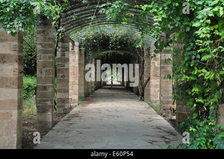 Arcuata di pergola e la gente che camminava sul sentiero a Ethnikos Kipos giardino botanico nazionale parco pubblico di Atene in Grecia. Foto Stock