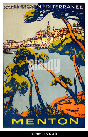 MENTON poster di viaggio francese d'epoca Menton Cote d'Azur treno francese viaggi 1930 Parigi-Lione-Menditerranee PLM Foto Stock