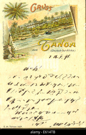 Cartolina Chromolithographed postally utilizzato dai tanga, Tedesco in Africa orientale Foto Stock