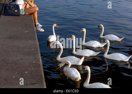 Naplavka è una passeggiata lungo il fiume Moldava, un luogo di incontro e un sacco di spazio per le attività del tempo libero a Praga, Repubblica Ceca Foto Stock