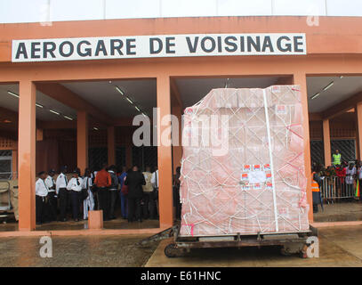 Conakry. 11 Ago, 2014. Foto realizzata il 11 agosto, 2014 mostra il virus di Ebola di forniture di soccorso fornito dalla Cina all'aeroporto di Conakry, capitale della Guinea. Un Cinese piano di emergenza trasporto di rifornimenti umanitari in Guinea, Sierra Leone e Liberia sbarcati qui il lunedì per aiutare i tre paesi dell Africa occidentale lotta contro un focolaio di epidemia ebola. Le forniture del valore di 30 milioni di yuan (4,9 milioni di dollari) includono medical indumenti protettivi, disinfettanti, termo-rilevatori e farmaci. Credito: Youssouf Bah/Xinhua/Alamy Live News Foto Stock
