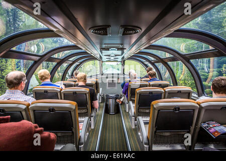 Vista la visione panoramica carrello sulla Trans-Canada canadese treno, Canada, America del Nord. Foto Stock