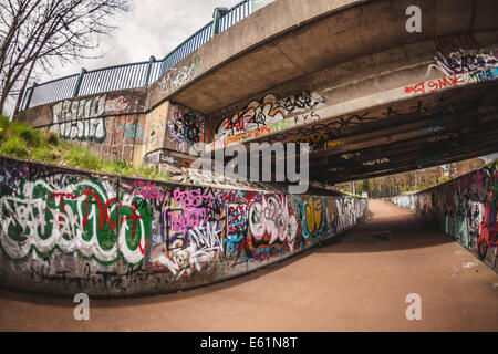 Arte dei graffiti sotto un ponte stradale Foto Stock