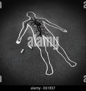 Attacco di cuore concetto medico come un disegno di gesso di un essere umano su un pavimento piano con un foro fessurato in asfalto conformata come un sistema cardiovascolare cuore organo come un simbolo di cardiologia dei pericoli della cattiva dieta e vivere una sollecitazione riempito malsana lifestyl Foto Stock