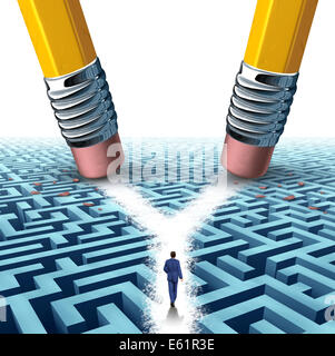 Soluzione bivio concetto aziendale come un tridimensionale labirinto labirinto o cancellate da due matite cancellazione di una strada trasversale di percorso per un imprenditore confuso come un simbolo per la scelta del percorso per il successo. Foto Stock