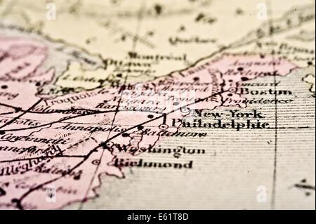 Mappa antico del nord-est USA, circa 1864 in fuoco selettivo. Foto Stock