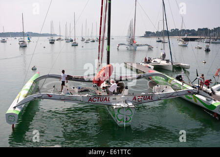 Team multiscafo effettivo racing, in barca con skipper da Yves Le Blevec, ormeggiata nel porto di La Trinité-sur-Mer, Brittany, Francia. Foto Stock