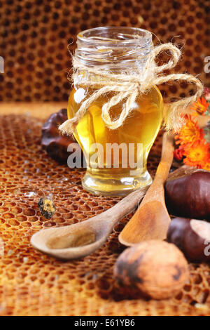 Il vasetto di vetro di miele con castagne e noci sopra favi come sfondo Foto Stock