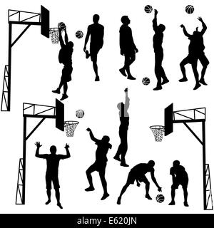 Silhouette nera di uomini giocare a basket su un backgroun bianco Foto Stock