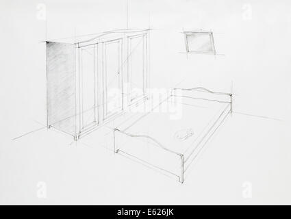 Prospettive architettoniche di un camera da letto appartamento, disegnata a mano Foto Stock