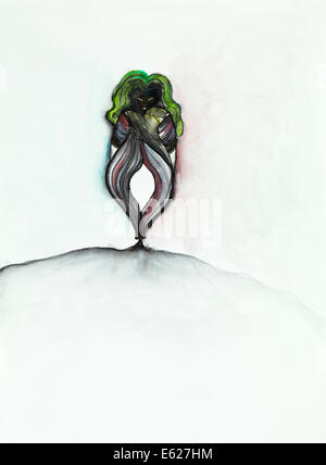 Disegnata a mano illustrazione di un immaginario e fantastico alien lookalike donna Foto Stock