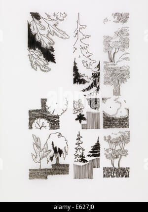 Abstract fatto a mano disegno a inchiostro di rami e alberi, illustrazione vintage Foto Stock