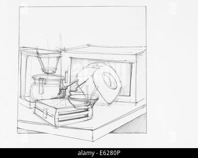 Disegnata a mano illustrazione della composizione con oggetti, studio artistico Foto Stock