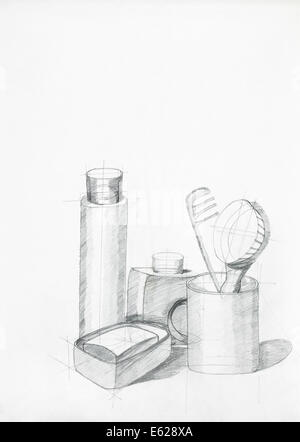 Illustrazione di vita ancora con oggetti, disegnata a mano Foto Stock